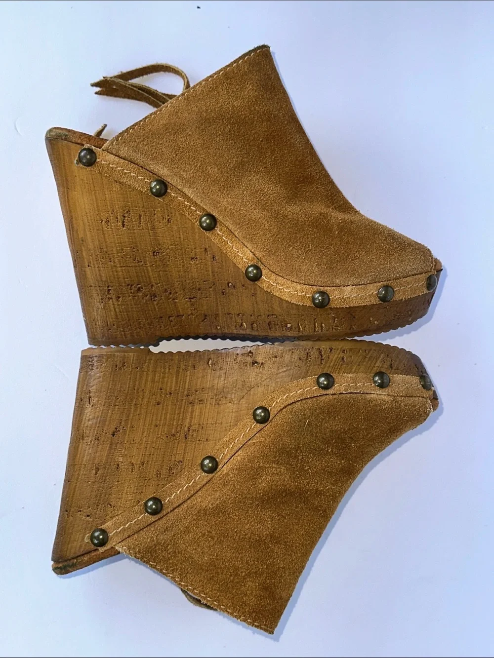 Sbicca Vintage Collection tan suede fringed wedge sandals w/ a wooden platform